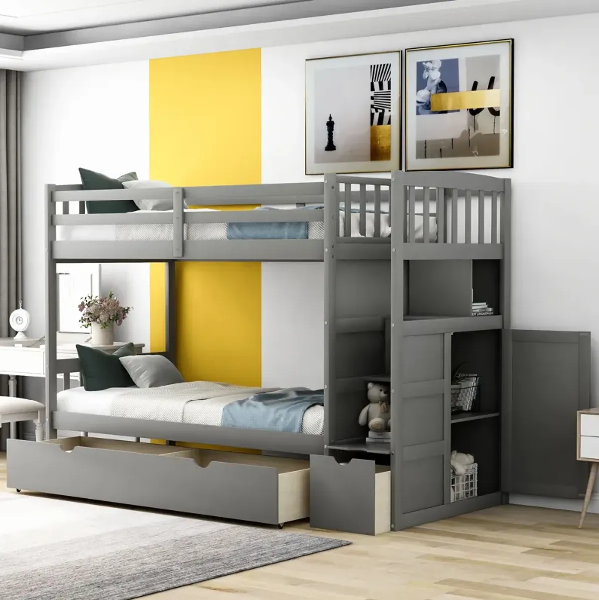 Bunk Bed, Convertible Bottom Bed, Storage Shelves And Drawers