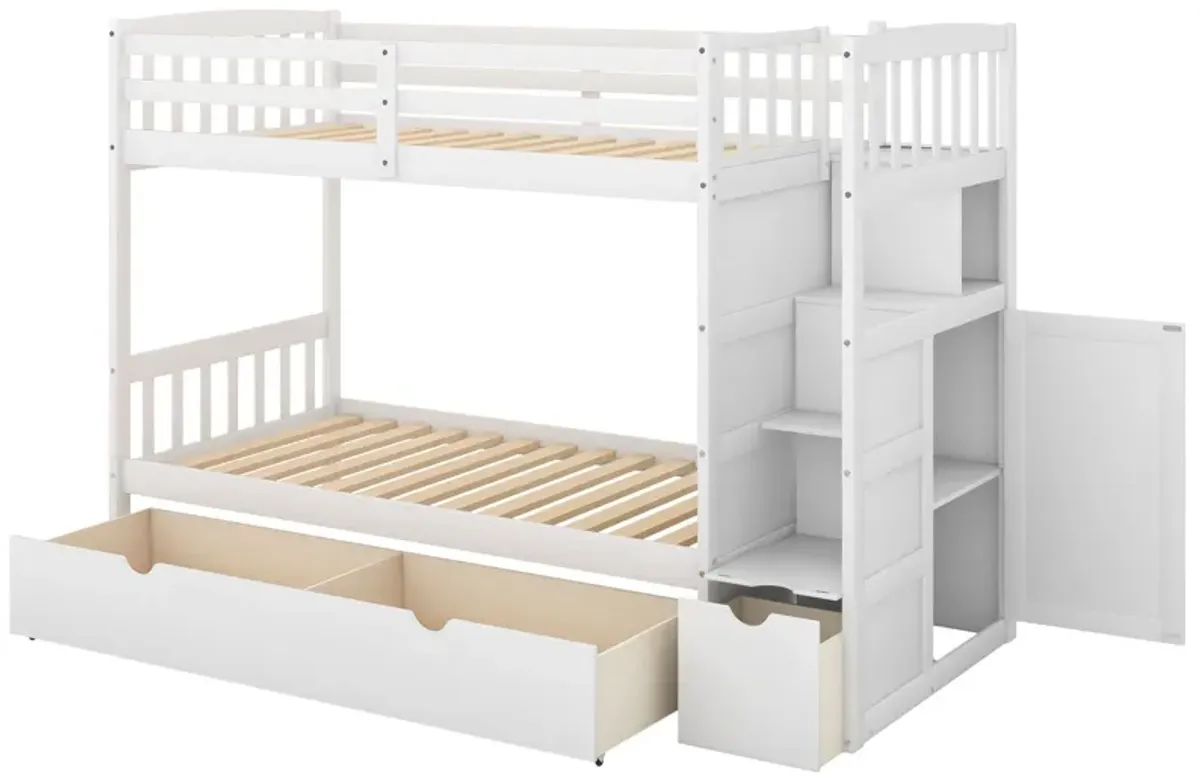 Bunk Bed, Convertible Bottom Bed, Storage Shelves And Drawers