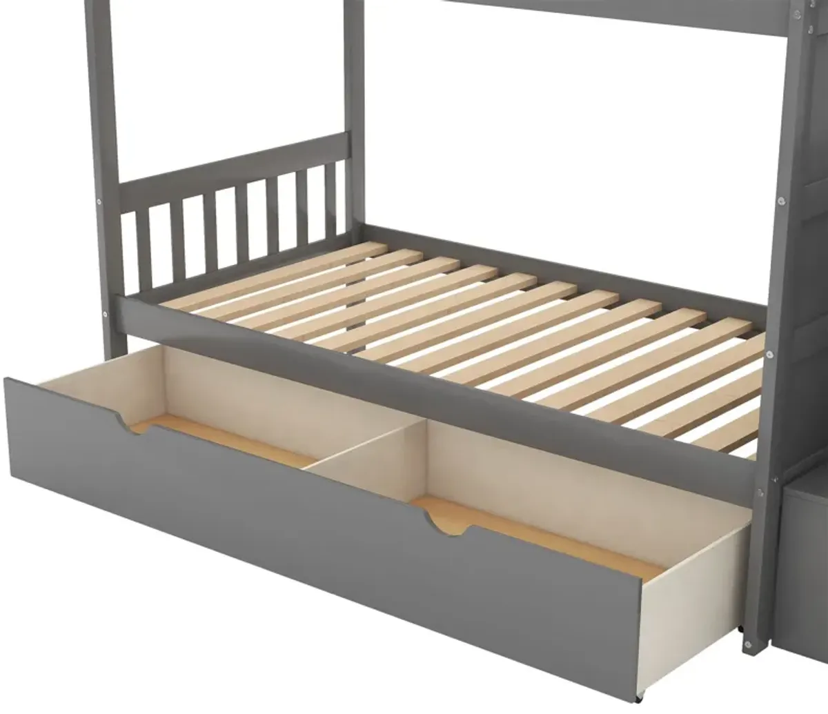 Bunk Bed, Convertible Bottom Bed, Storage Shelves And Drawers