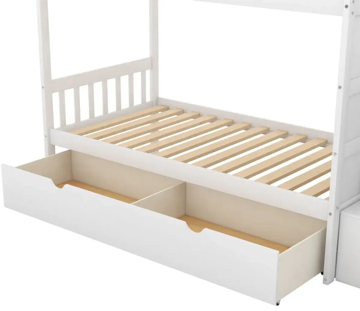 Bunk Bed, Convertible Bottom Bed, Storage Shelves And Drawers