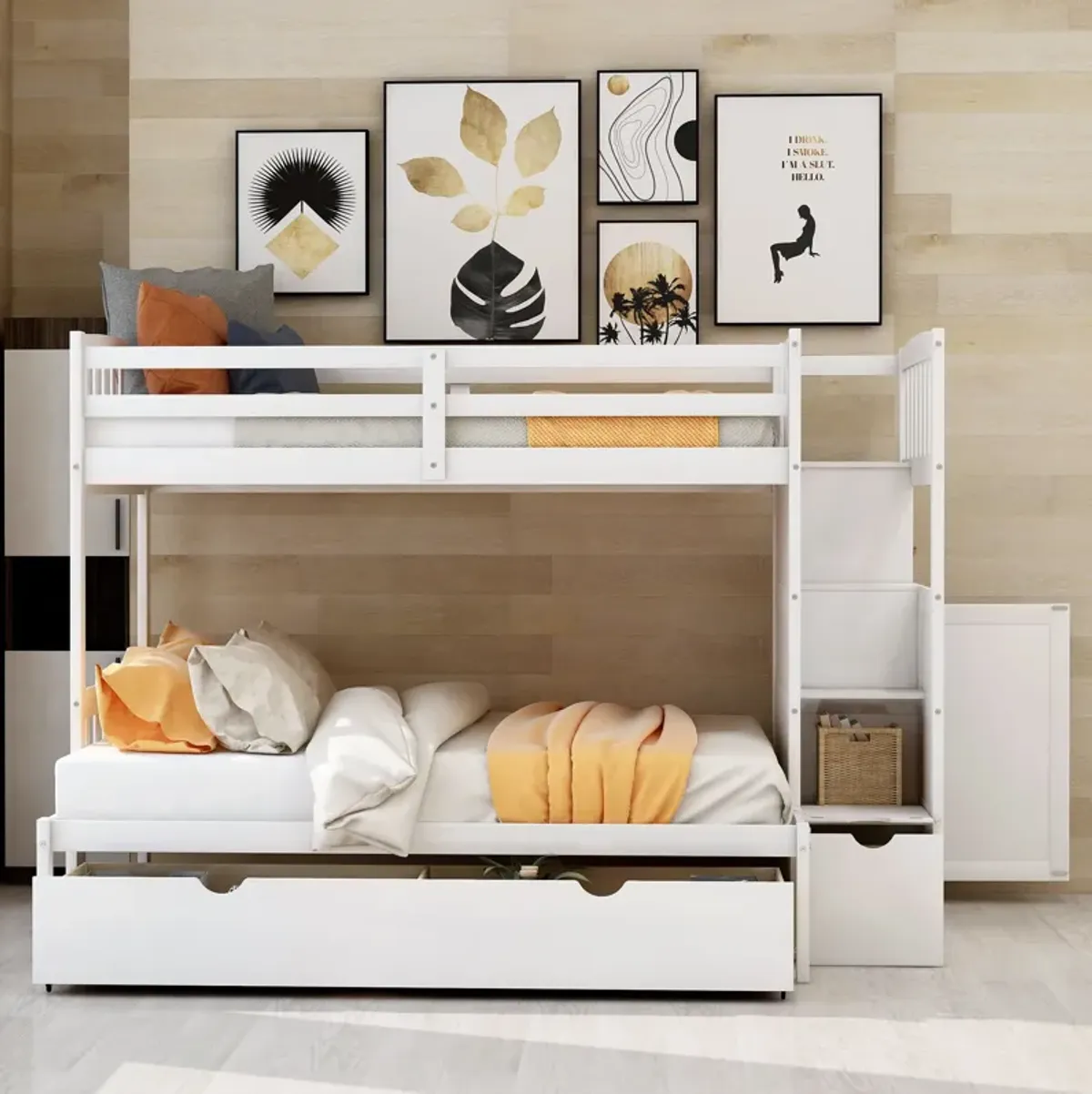 Bunk Bed, Convertible Bottom Bed, Storage Shelves And Drawers