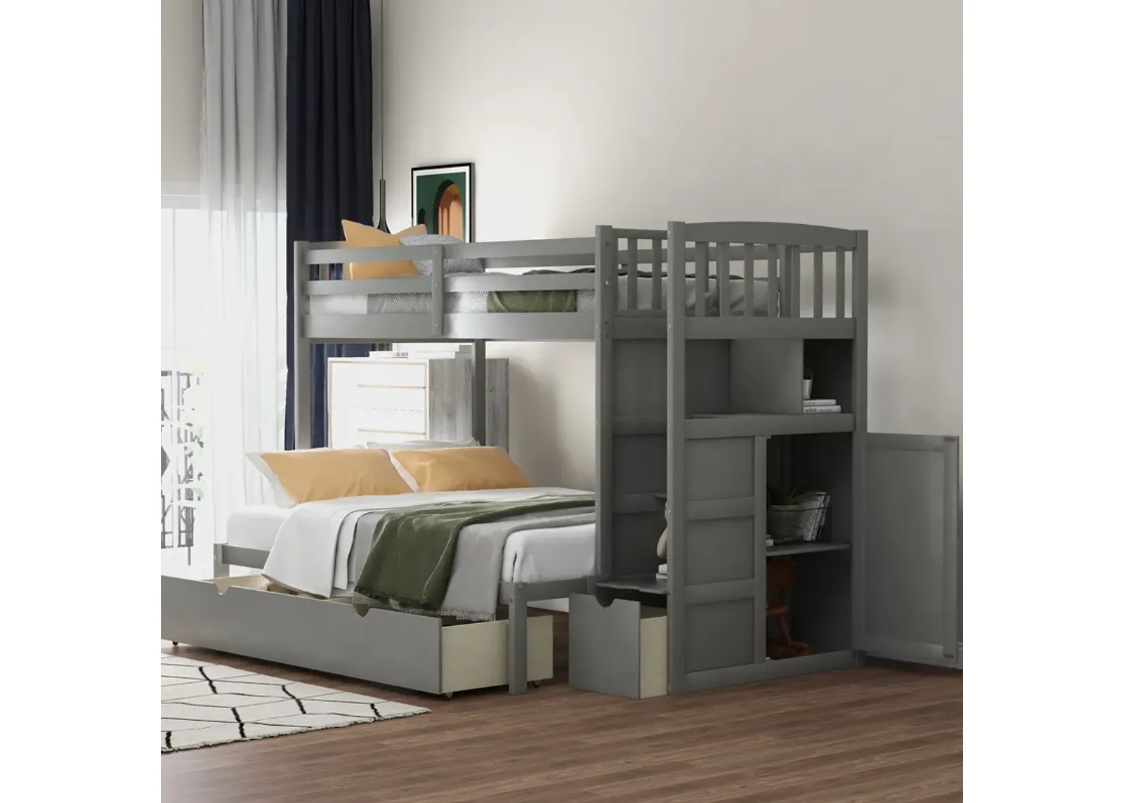 Bunk Bed, Convertible Bottom Bed, Storage Shelves And Drawers