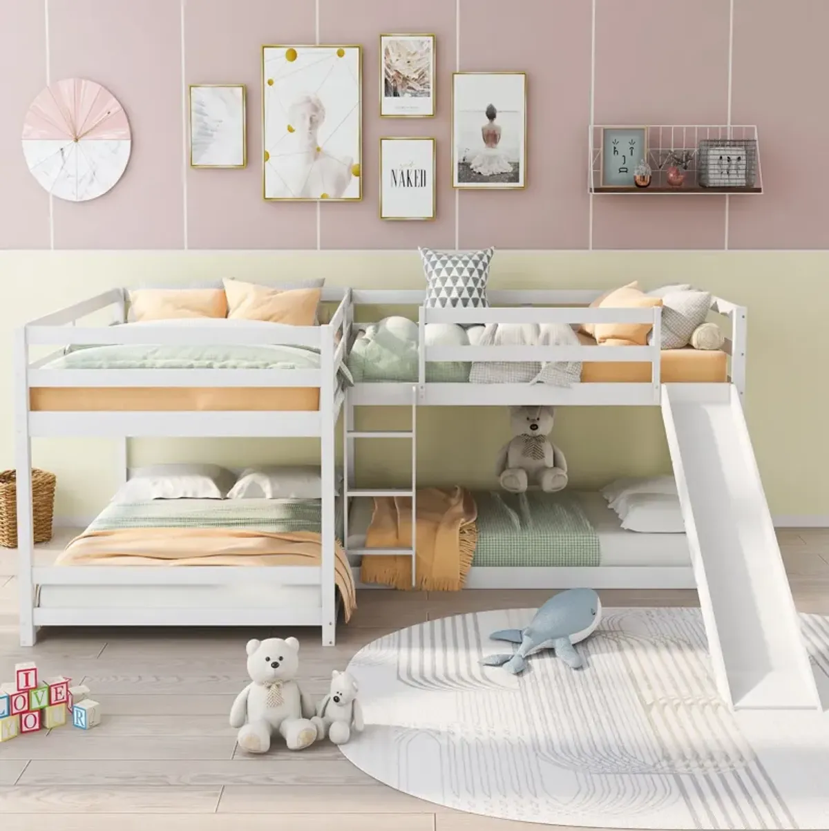 L-Shaped Bunk Bed With Slide And Short Ladder