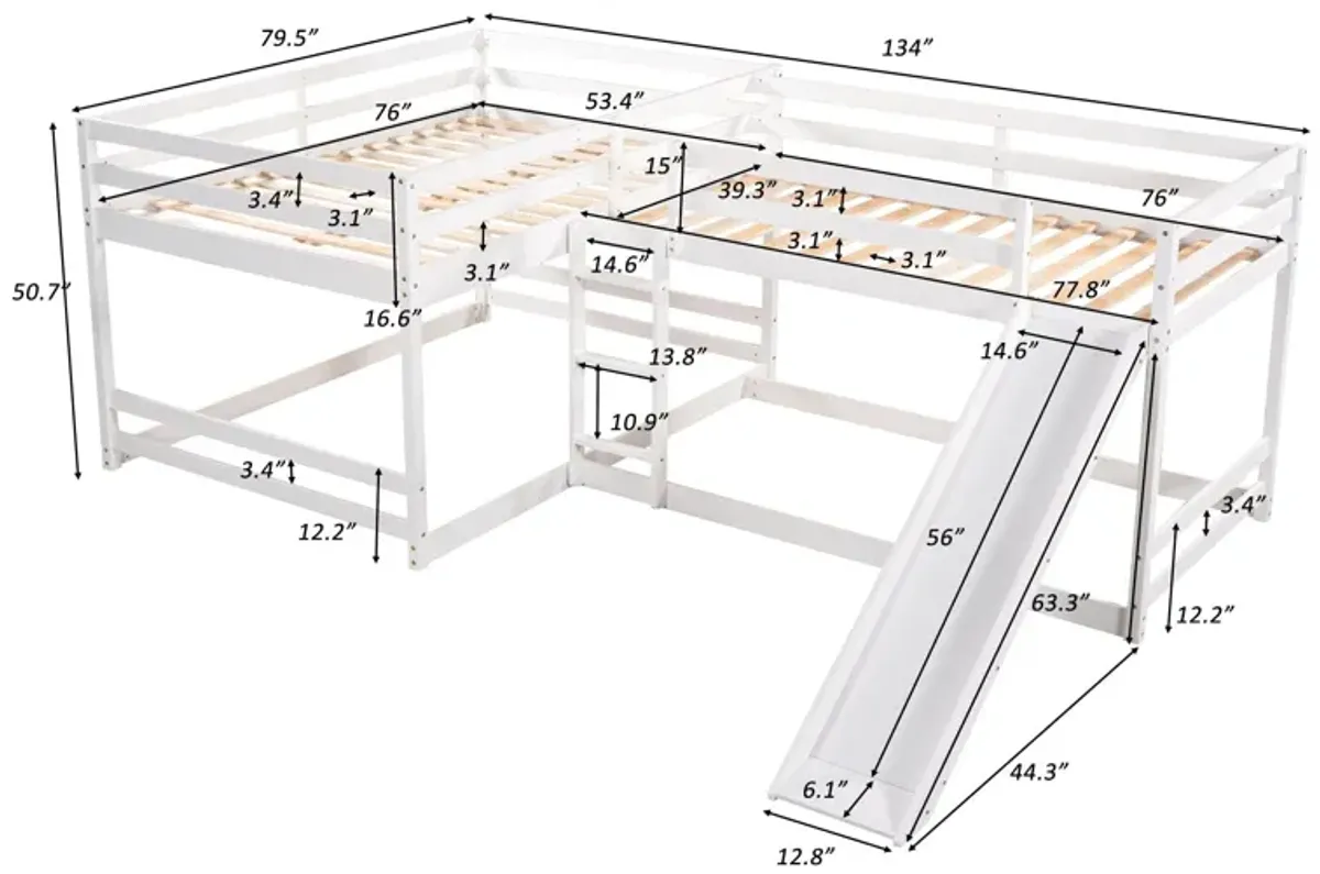 L-Shaped Bunk Bed With Slide And Short Ladder