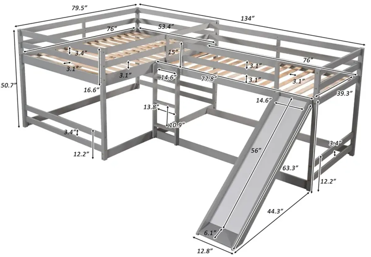 L-Shaped Bunk Bed With Slide And Short Ladder