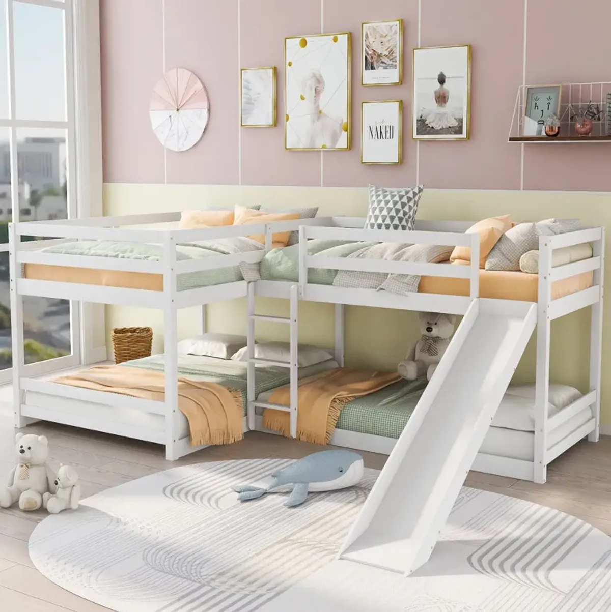 L-Shaped Bunk Bed With Slide And Short Ladder