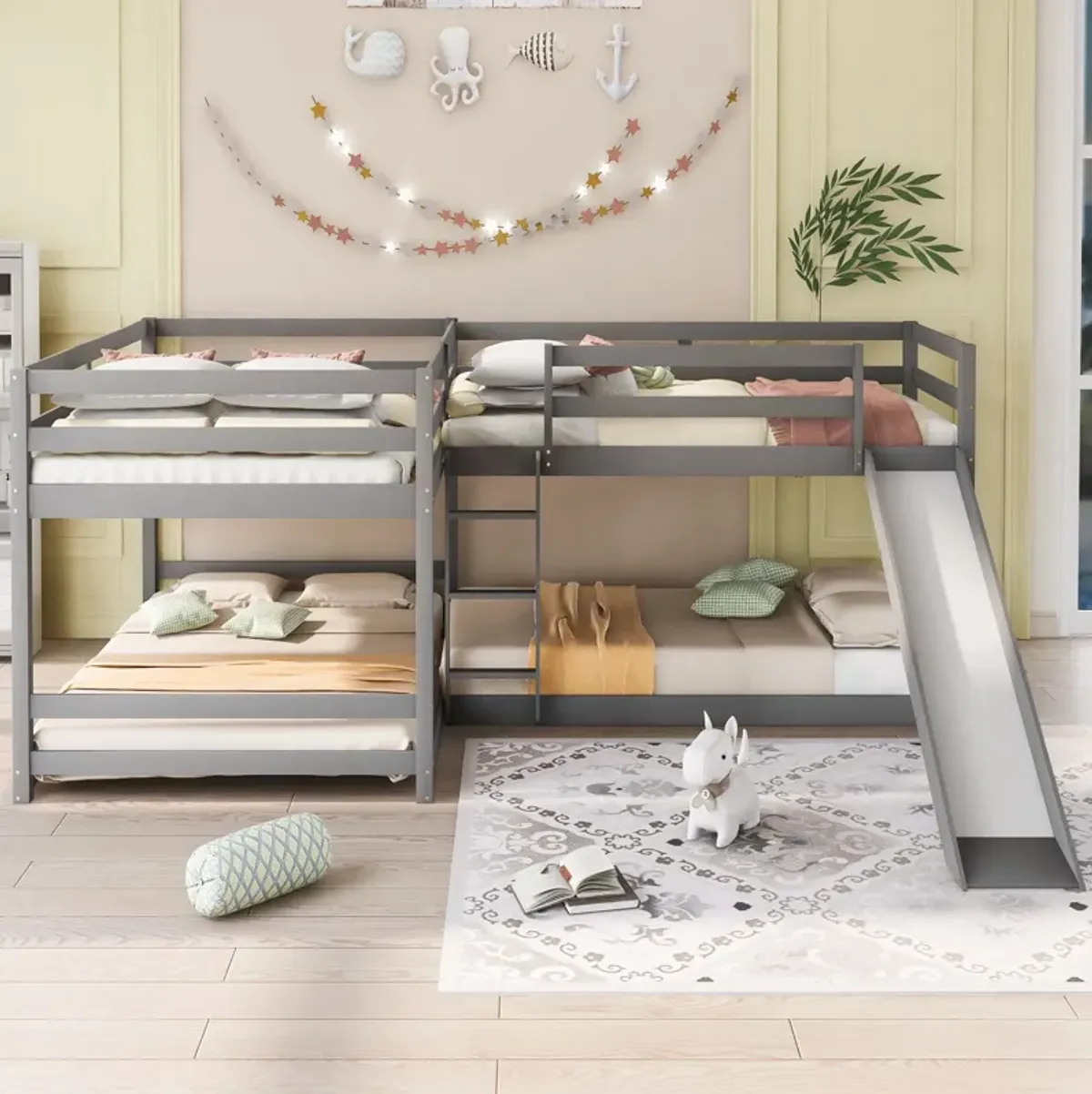 L-Shaped Bunk Bed With Slide And Short Ladder