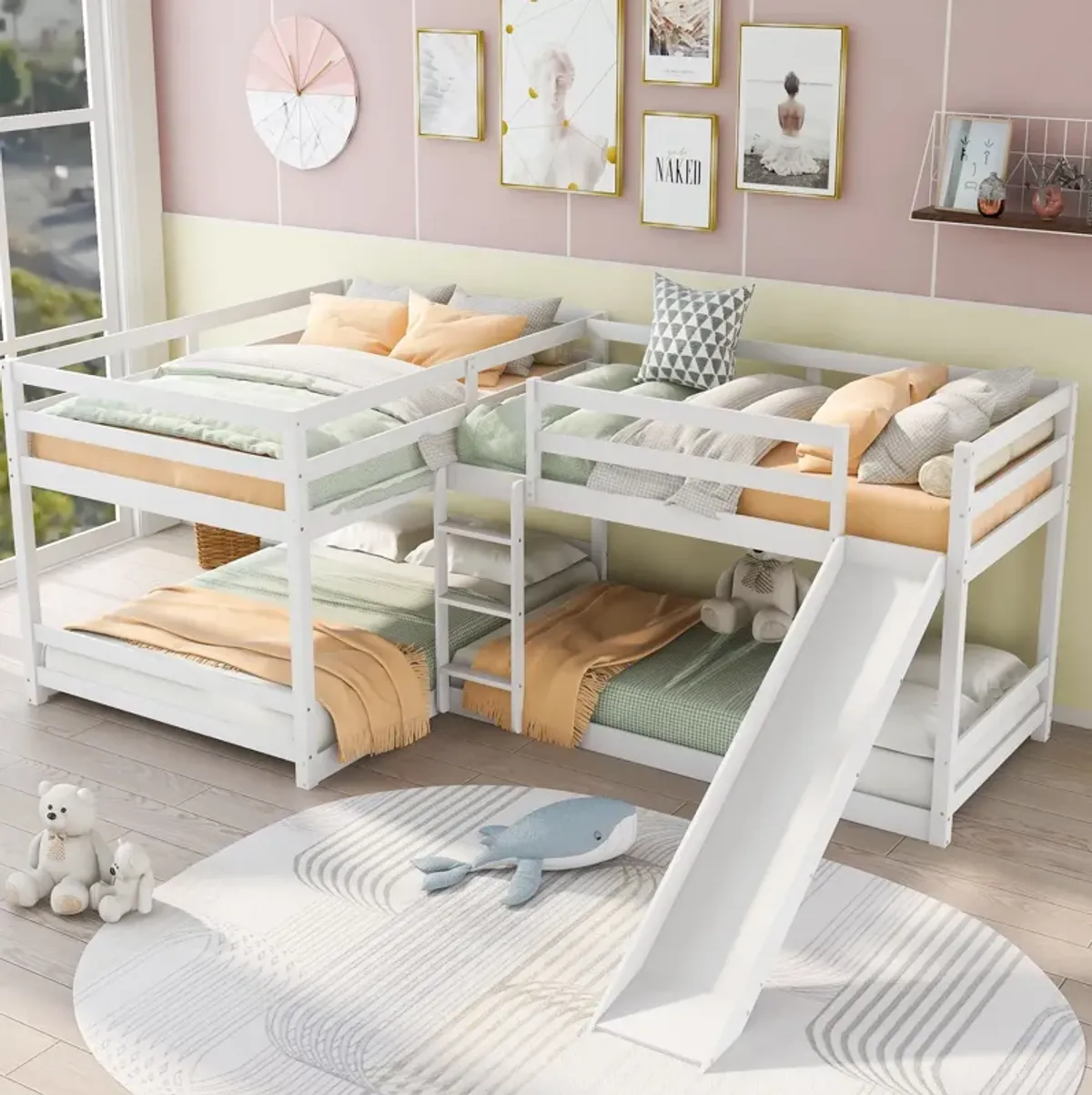 L-Shaped Bunk Bed With Slide And Short Ladder