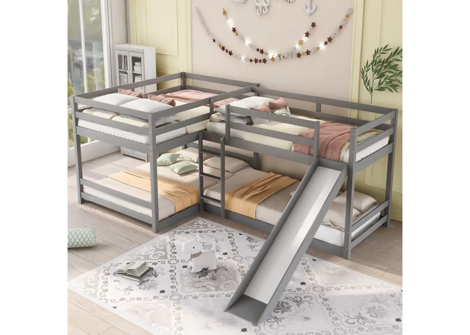 L-Shaped Bunk Bed With Slide And Short Ladder