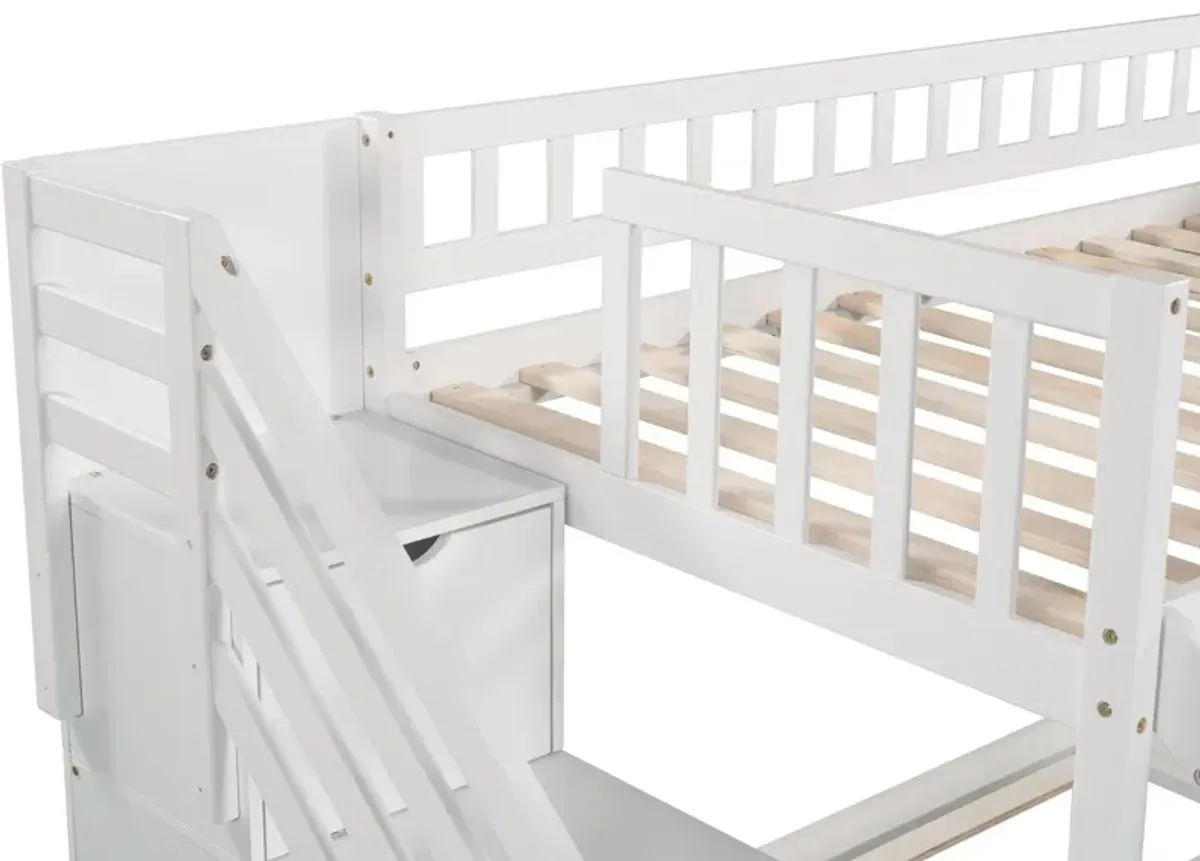 Twin Over Twin Stairway Bunk Bed With Two Drawers And Slide