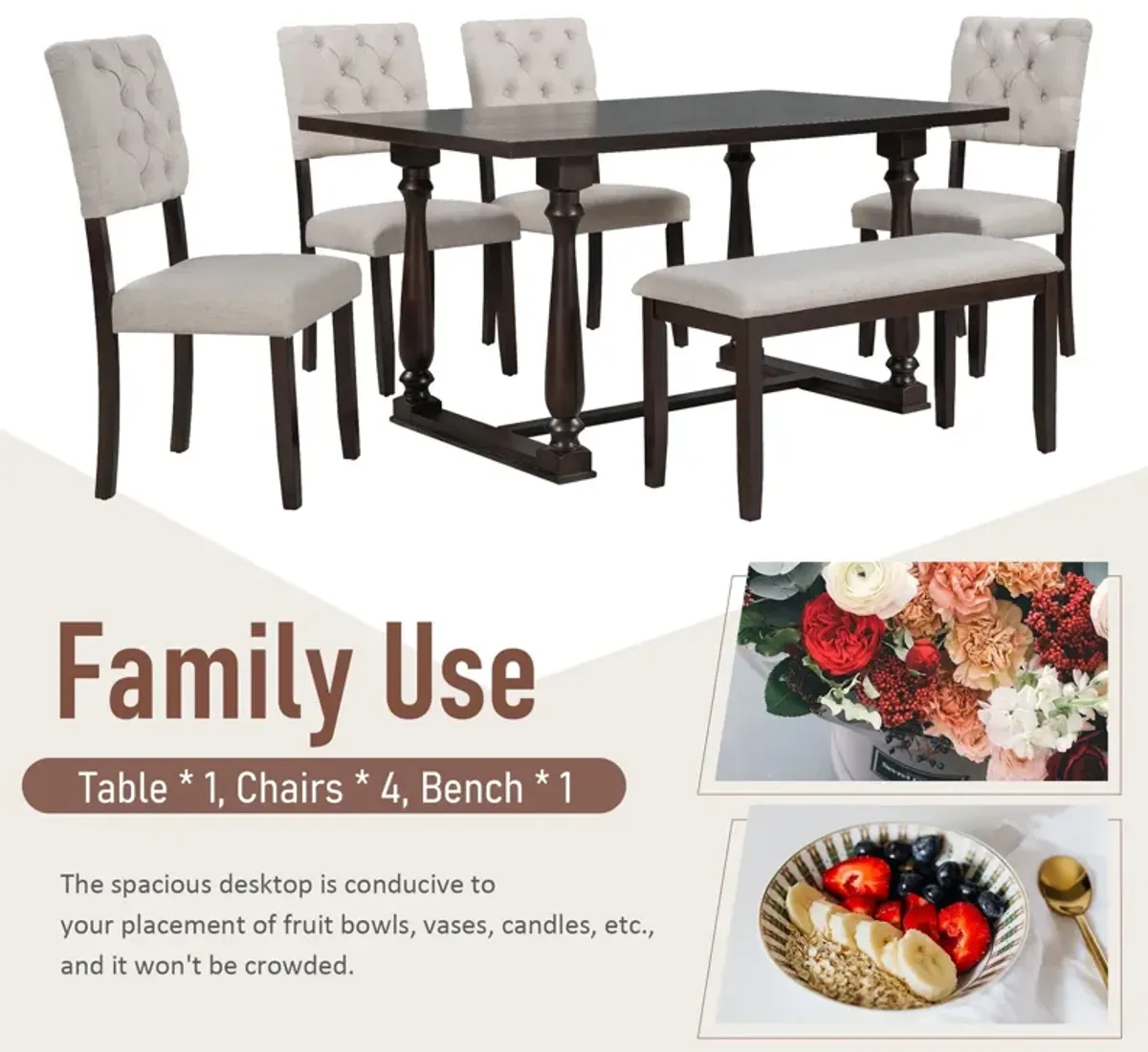 6 Piece Dining Table And Chair Set With Special-Shaped Legs And Foam-Covered Seat Backs&Cushions For Dining Room