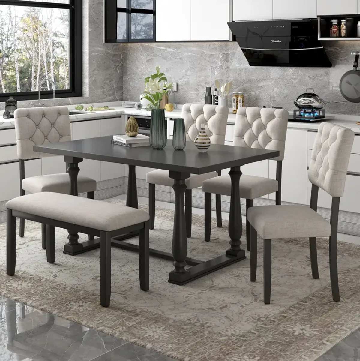 6 Piece Dining Table And Chair Set With Special-Shaped Legs And Foam-Covered Seat Backs&Cushions For Dining Room