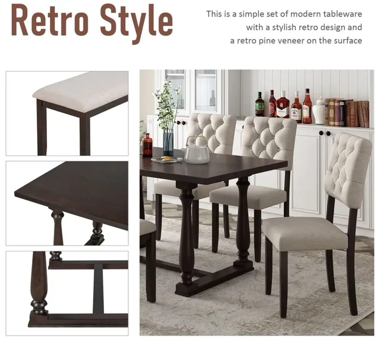 6 Piece Dining Table And Chair Set With Special-Shaped Legs And Foam-Covered Seat Backs&Cushions For Dining Room