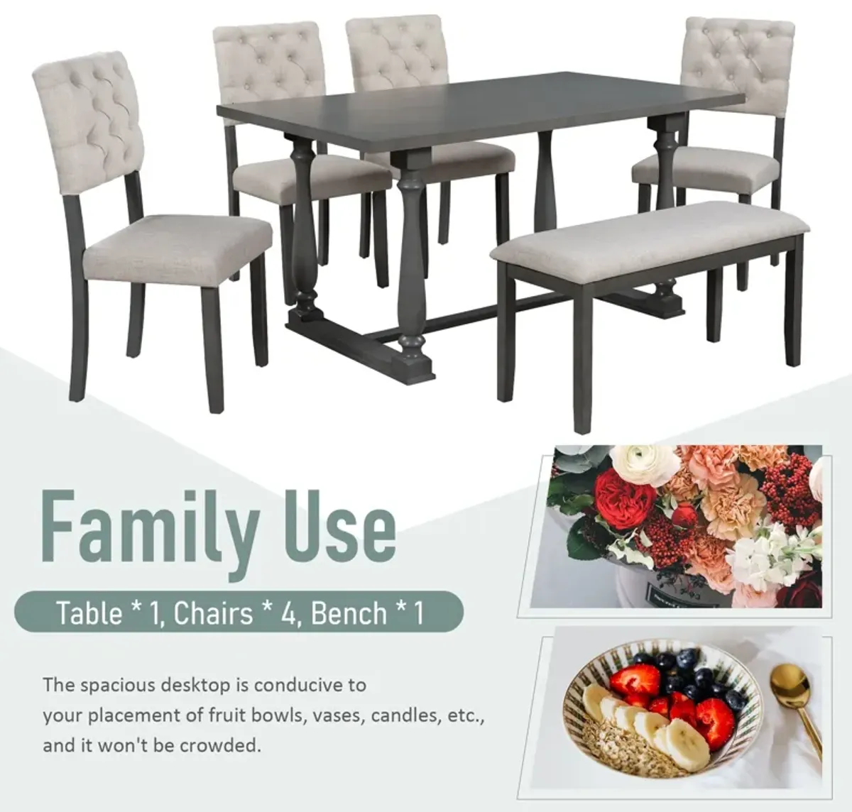 6 Piece Dining Table And Chair Set With Special-Shaped Legs And Foam-Covered Seat Backs&Cushions For Dining Room