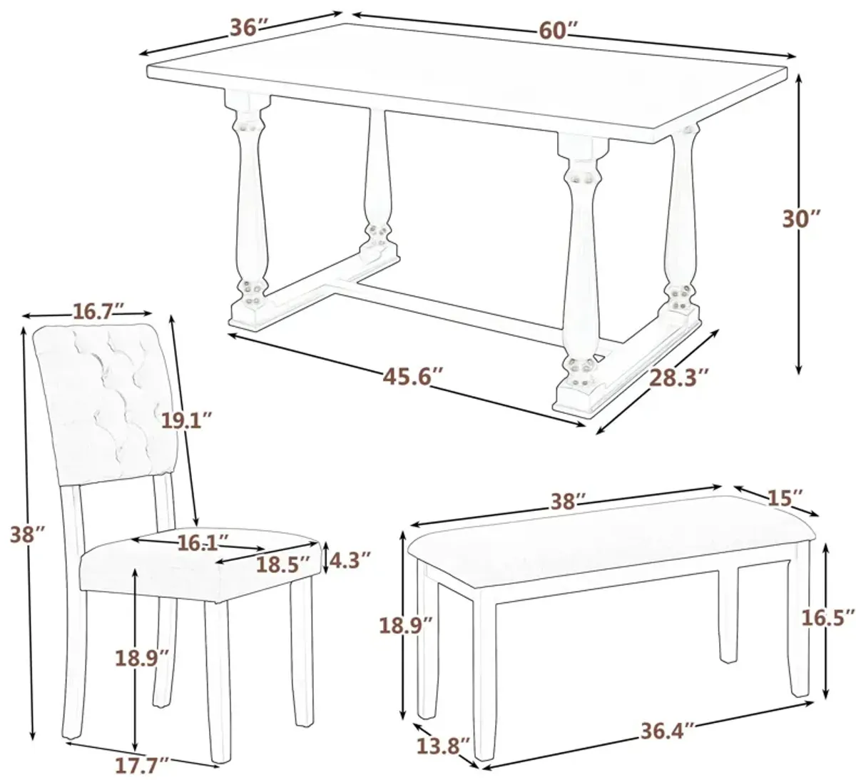 6 Piece Dining Table And Chair Set With Special-Shaped Legs And Foam-Covered Seat Backs&Cushions For Dining Room