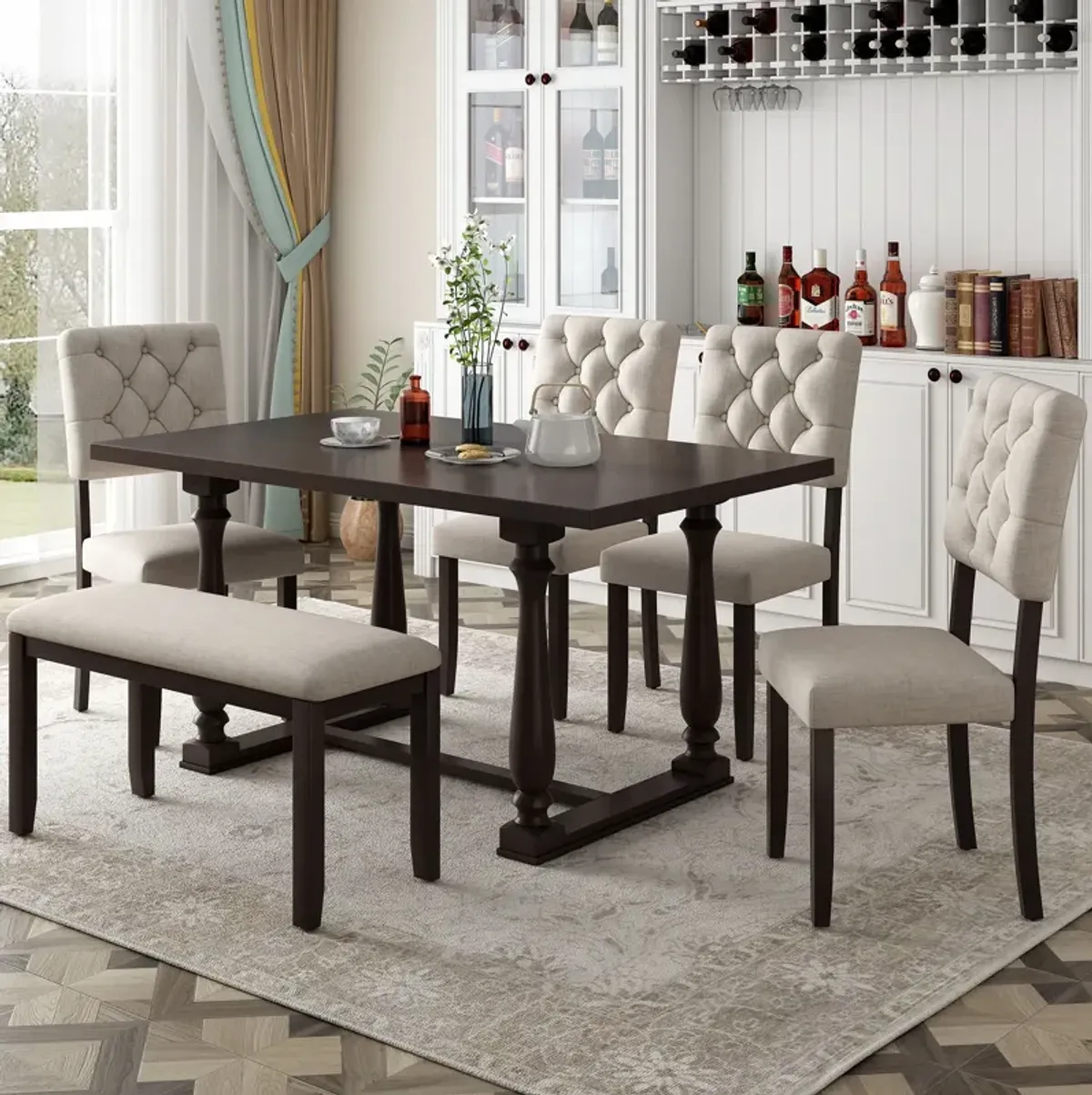 6 Piece Dining Table And Chair Set With Special-Shaped Legs And Foam-Covered Seat Backs&Cushions For Dining Room