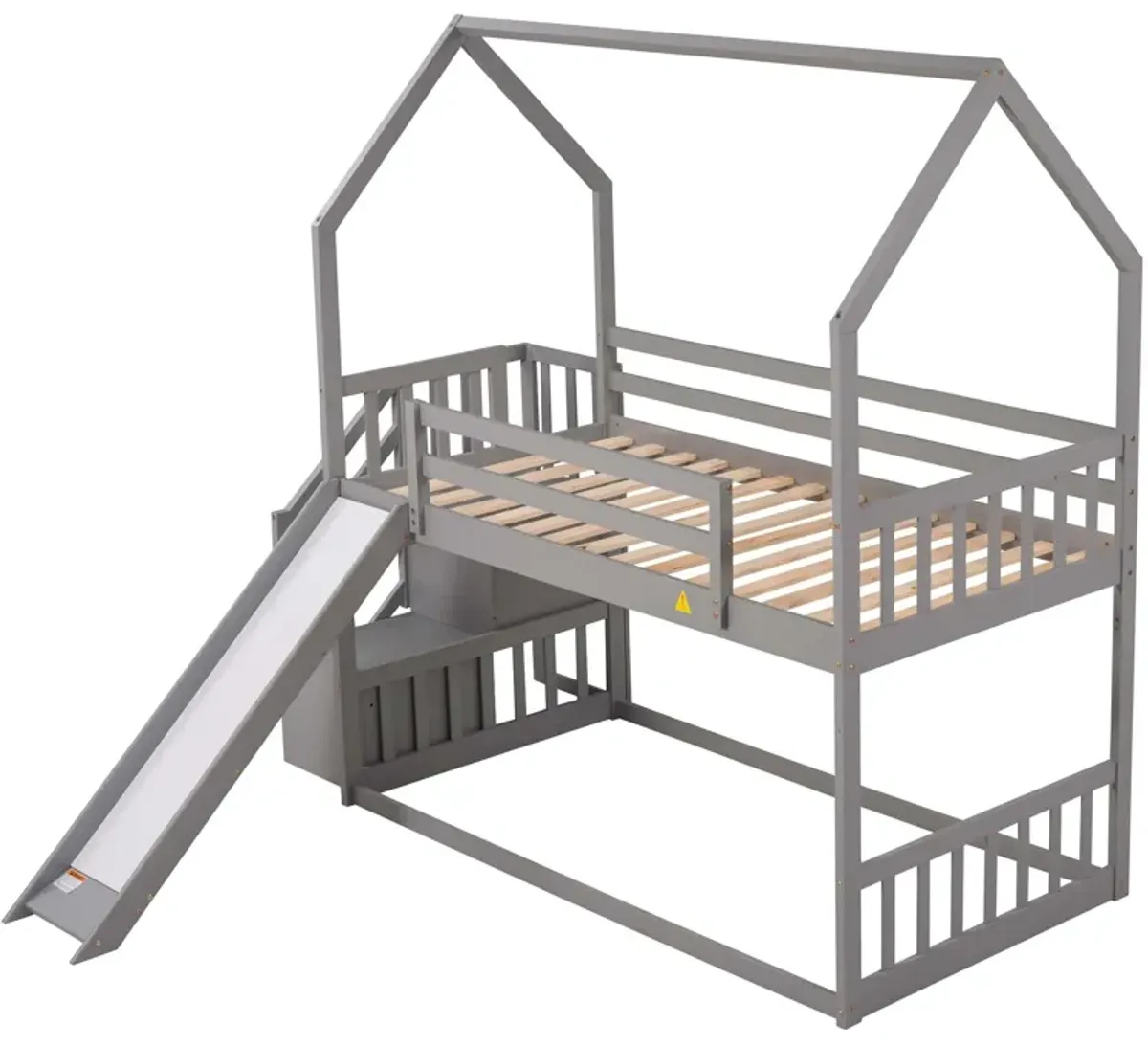 Twin Over Twin House Bunk Bed With Convertible Slide, Storage Staircase