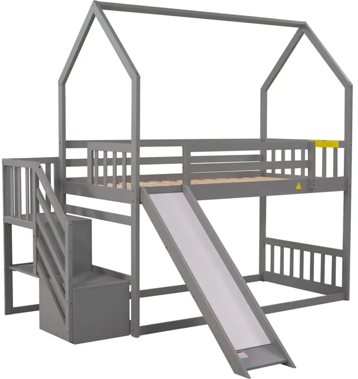 Twin Over Twin House Bunk Bed With Convertible Slide, Storage Staircase