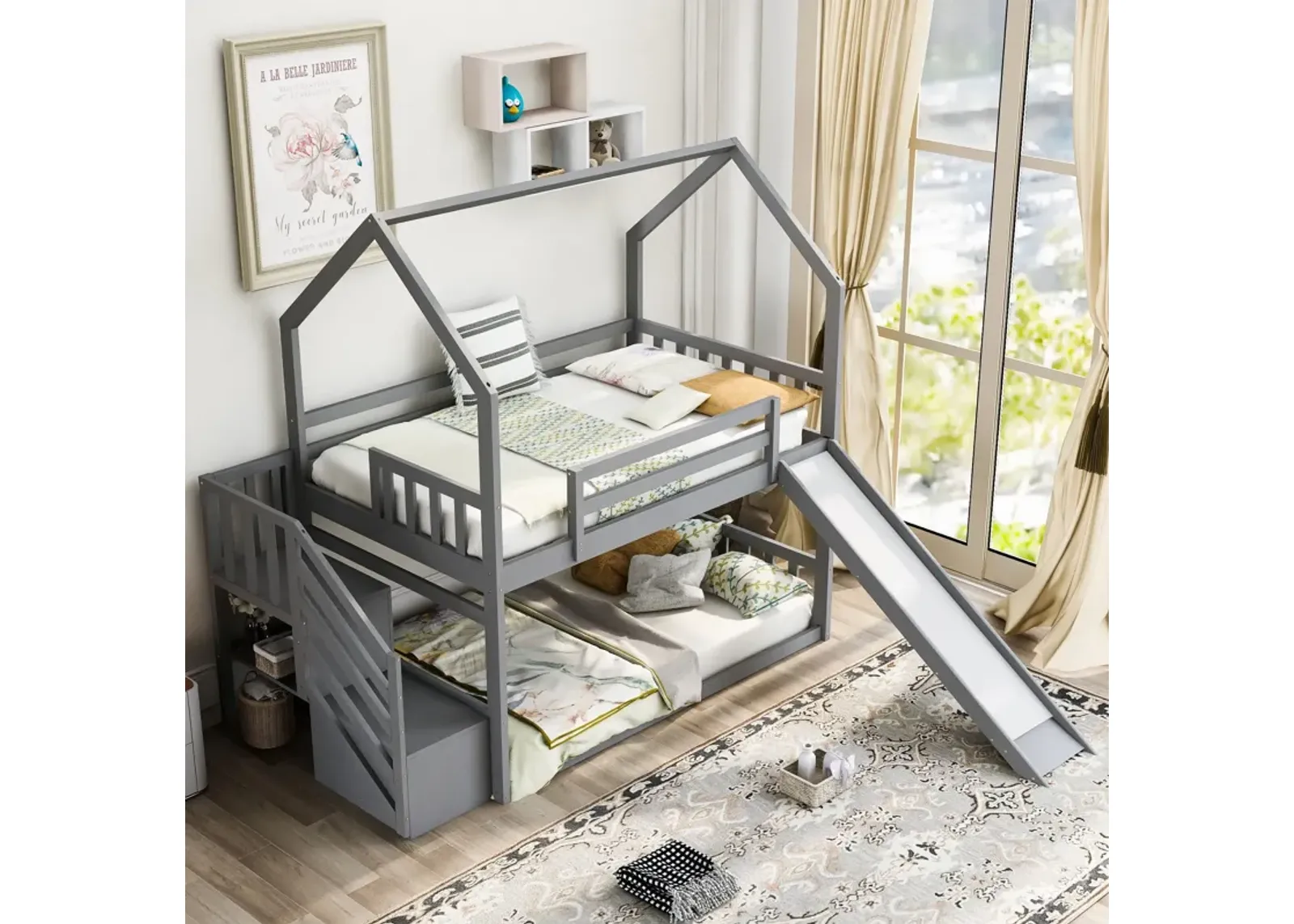 Twin Over Twin House Bunk Bed With Convertible Slide, Storage Staircase