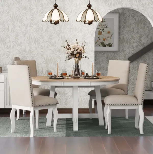 Farmhouse Dining Table Set Wood Round Extendable Dining Table And Upholstered Dining Chairs