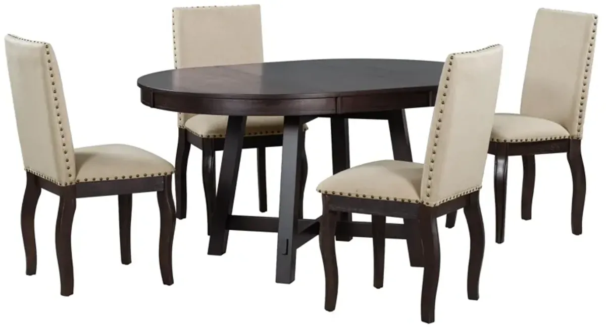 Farmhouse Dining Table Set Wood Round Extendable Dining Table And Upholstered Dining Chairs