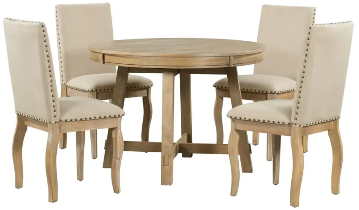 Farmhouse Dining Table Set Wood Round Extendable Dining Table And Upholstered Dining Chairs