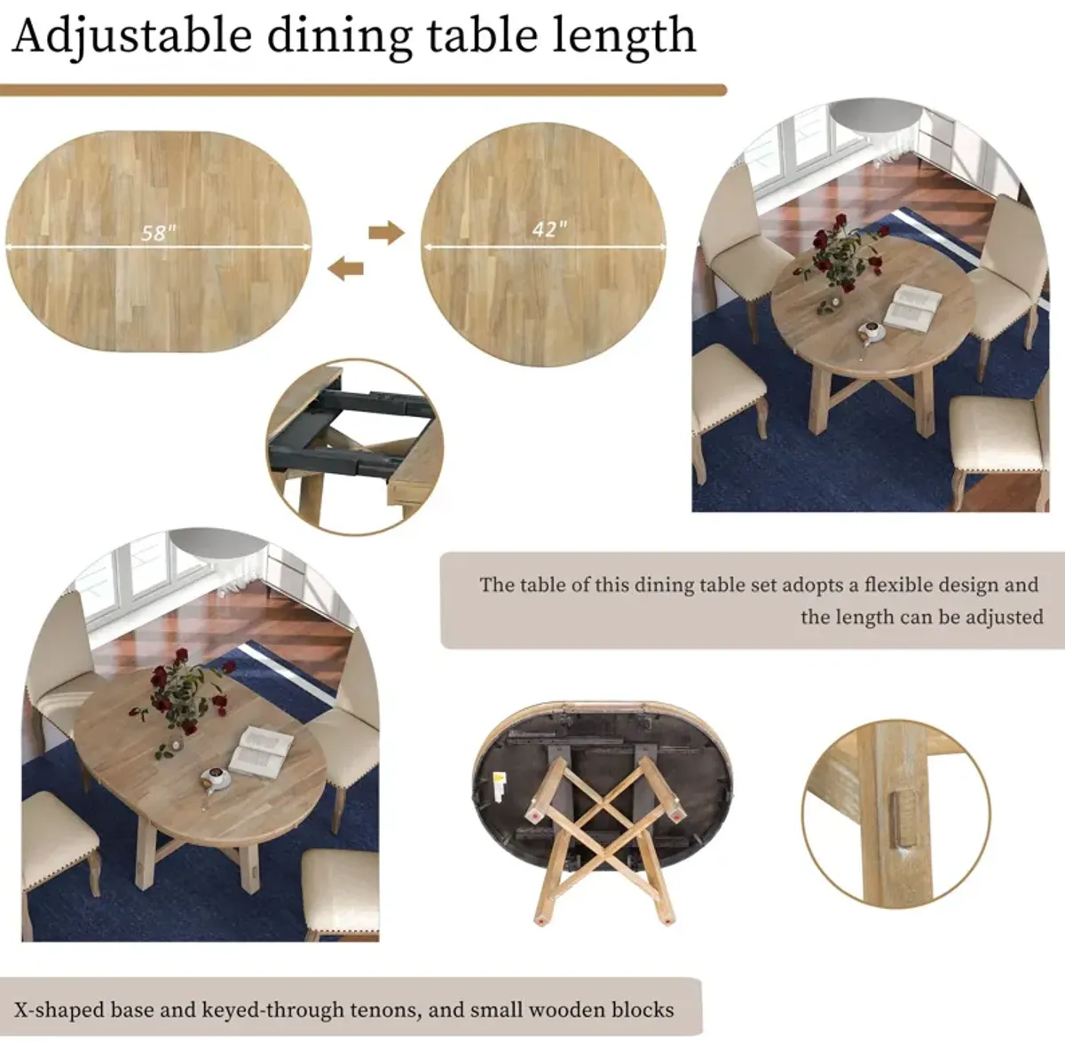 Farmhouse Dining Table Set Wood Round Extendable Dining Table And Upholstered Dining Chairs