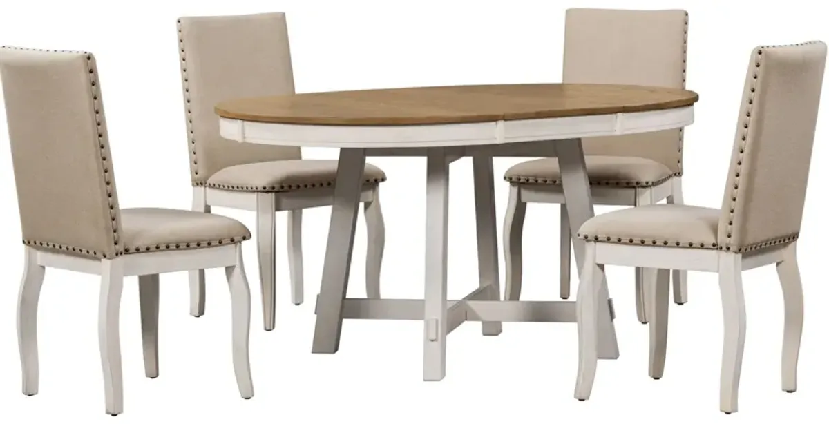 Farmhouse Dining Table Set Wood Round Extendable Dining Table And Upholstered Dining Chairs