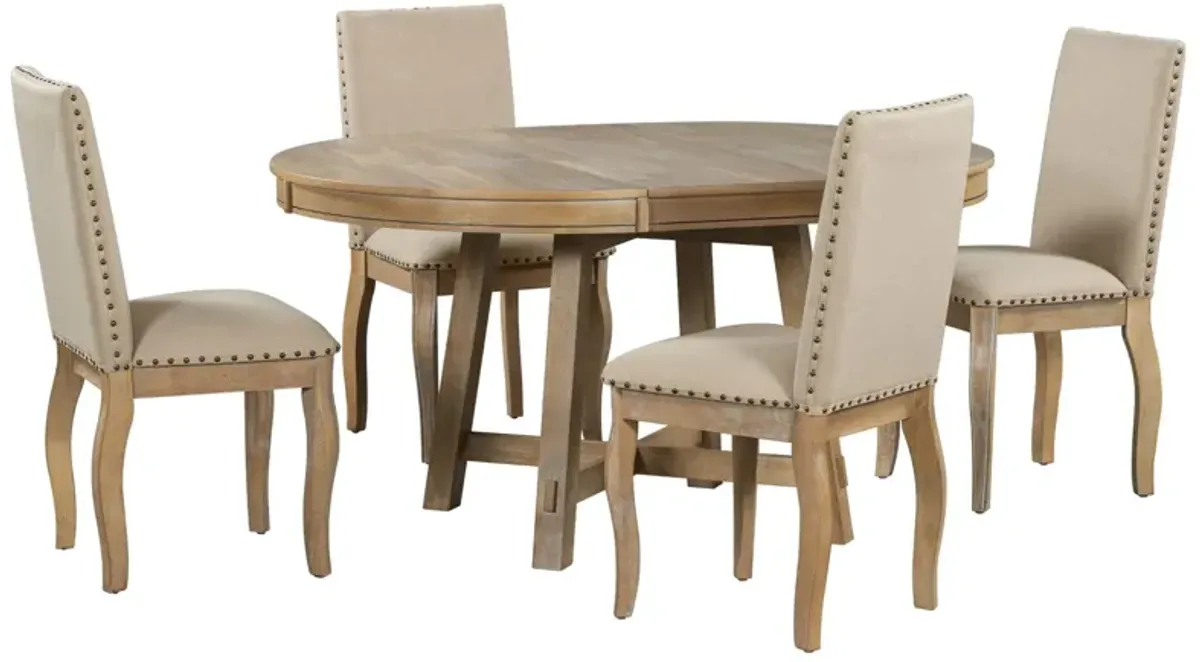 Farmhouse Dining Table Set Wood Round Extendable Dining Table And Upholstered Dining Chairs