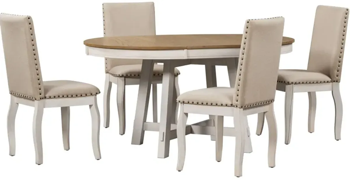 Farmhouse Dining Table Set Wood Round Extendable Dining Table And Upholstered Dining Chairs