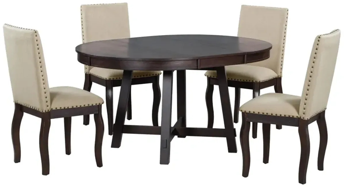 Farmhouse Dining Table Set Wood Round Extendable Dining Table And Upholstered Dining Chairs