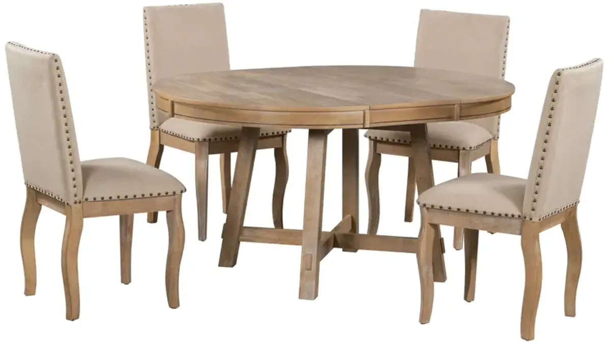 Farmhouse Dining Table Set Wood Round Extendable Dining Table And Upholstered Dining Chairs