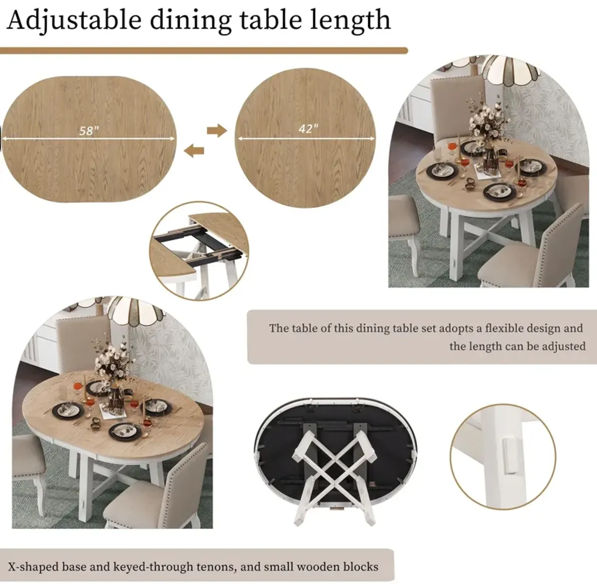 Farmhouse Dining Table Set Wood Round Extendable Dining Table And Upholstered Dining Chairs