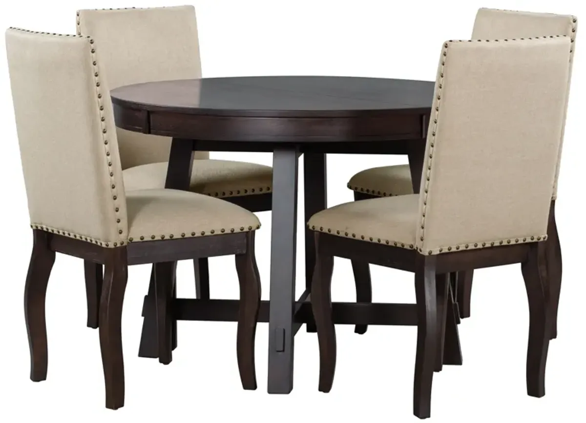 Farmhouse Dining Table Set Wood Round Extendable Dining Table And Upholstered Dining Chairs