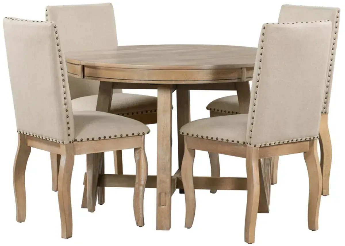 Farmhouse Dining Table Set Wood Round Extendable Dining Table And Upholstered Dining Chairs