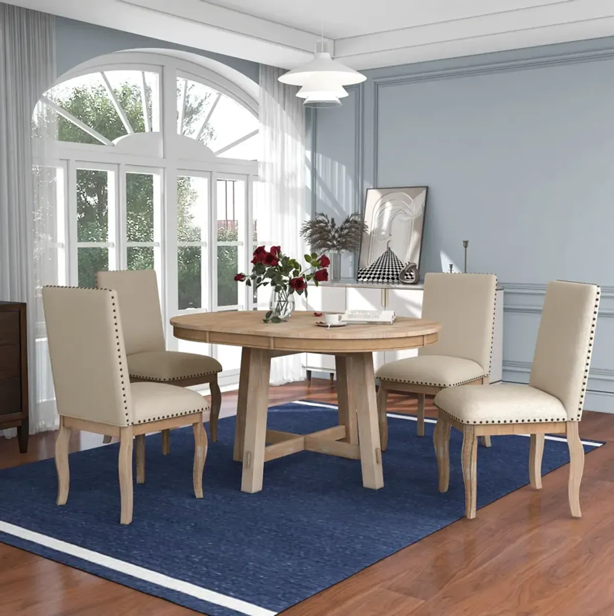 Farmhouse Dining Table Set Wood Round Extendable Dining Table And Upholstered Dining Chairs