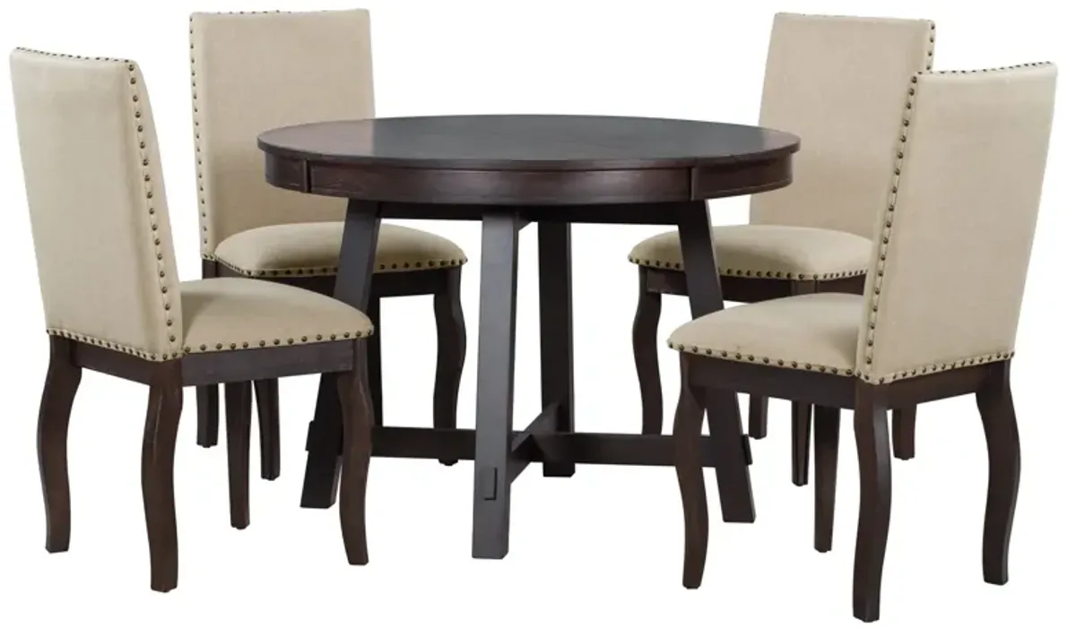 Farmhouse Dining Table Set Wood Round Extendable Dining Table And Upholstered Dining Chairs