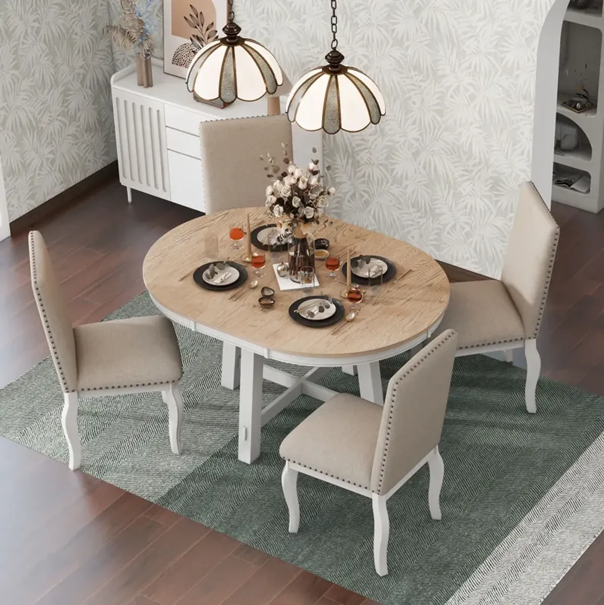 Farmhouse Dining Table Set Wood Round Extendable Dining Table And Upholstered Dining Chairs