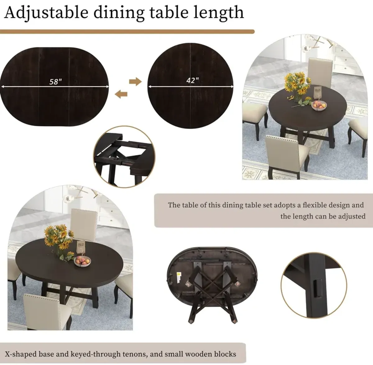 Farmhouse Dining Table Set Wood Round Extendable Dining Table And Upholstered Dining Chairs