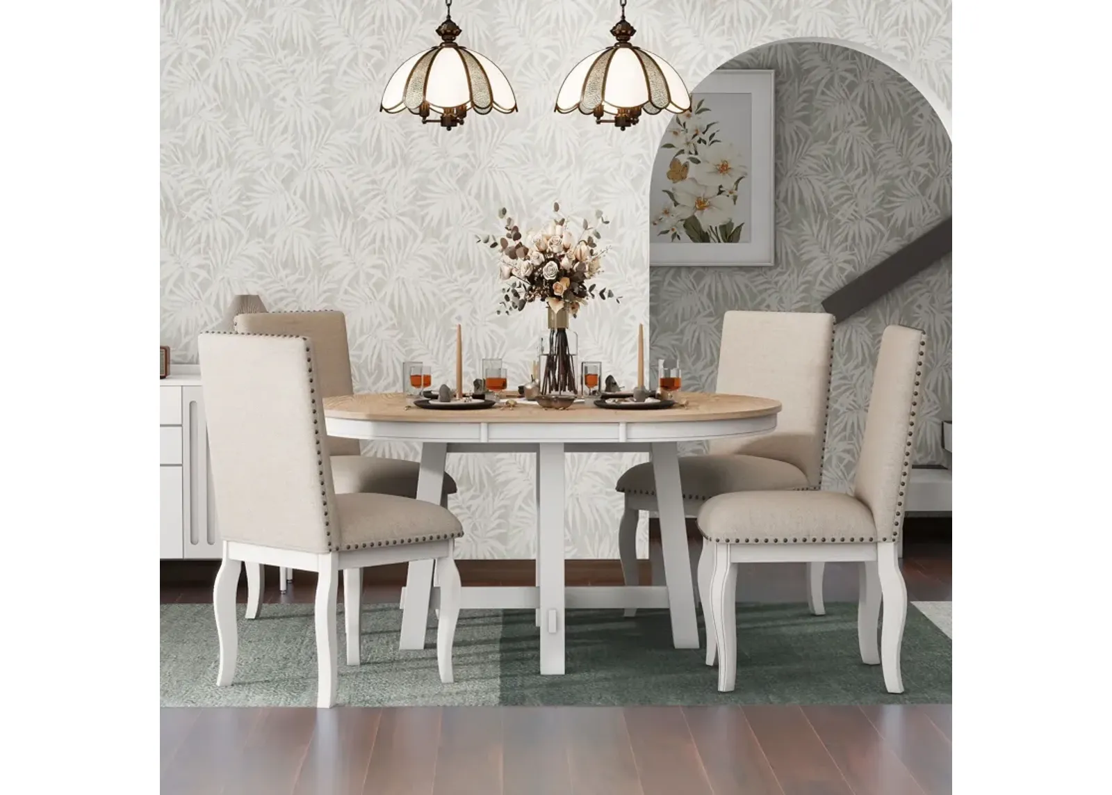 Farmhouse Dining Table Set Wood Round Extendable Dining Table And Upholstered Dining Chairs