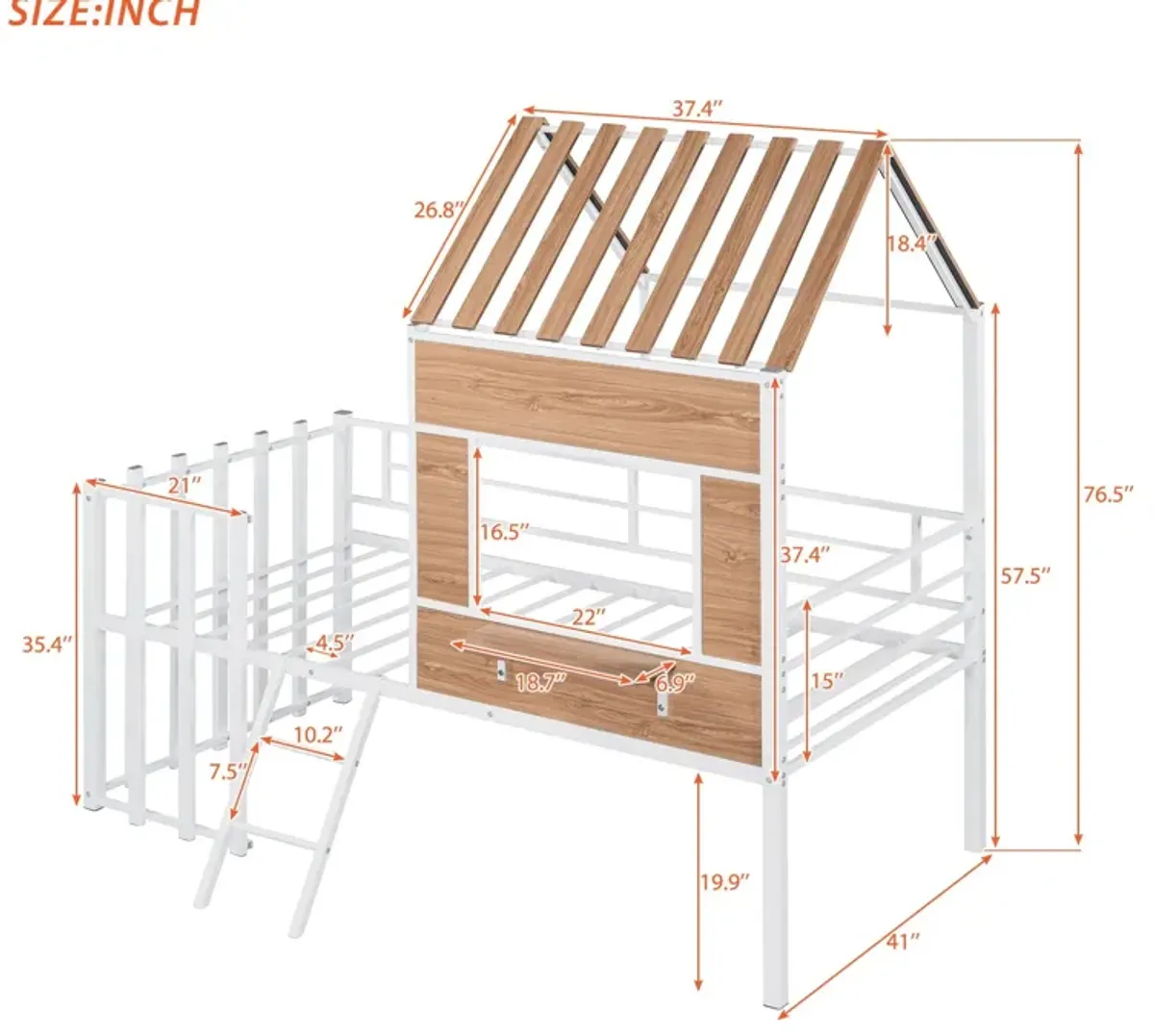 Twin Size Loft Bed With Roof, Window, Guardrail, Ladder