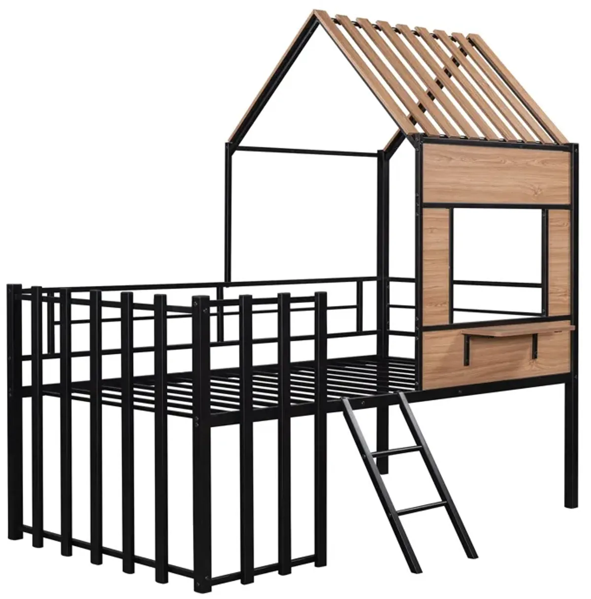 Twin Size Loft Bed With Roof, Window, Guardrail, Ladder