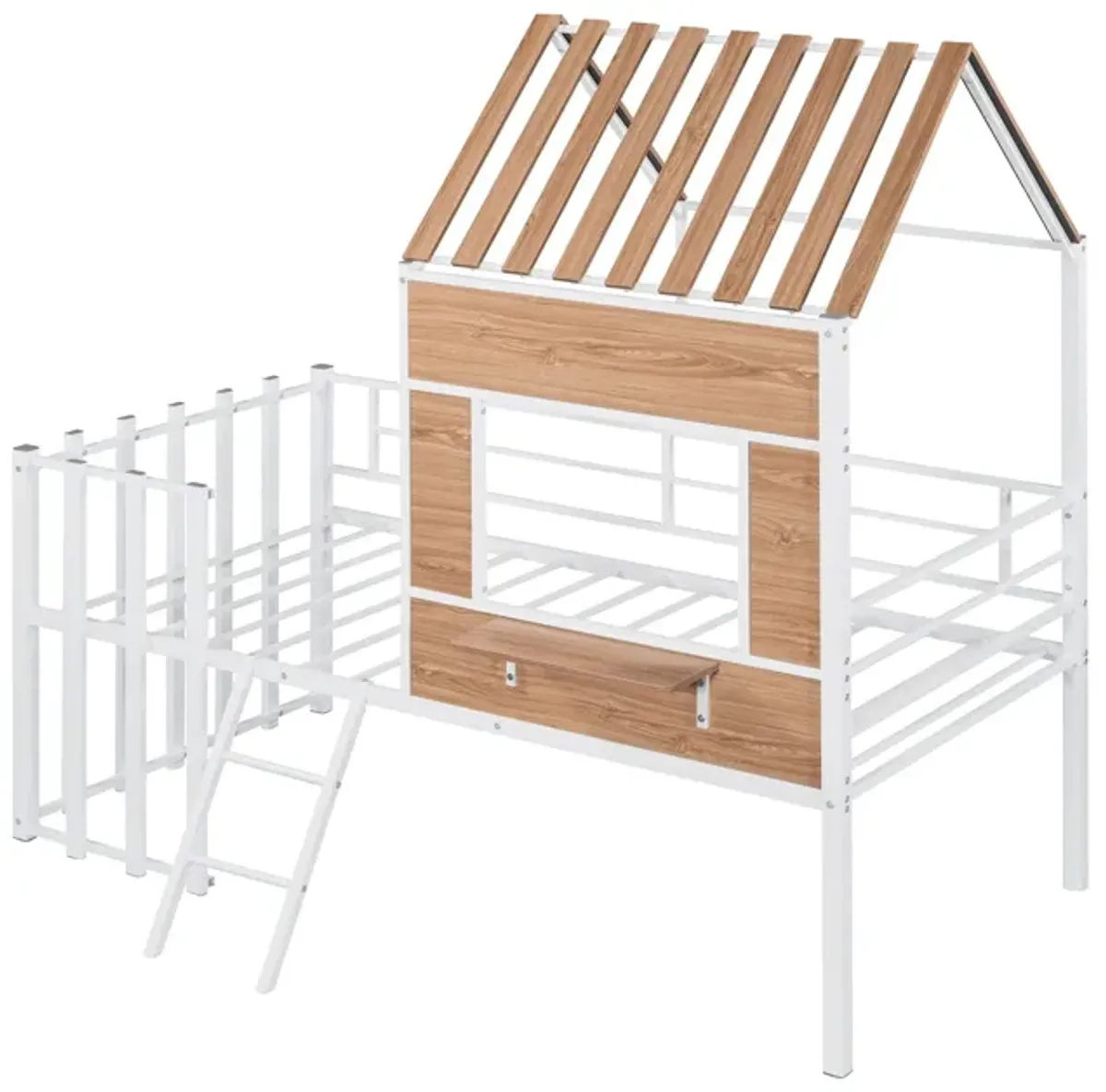 Twin Size Loft Bed With Roof, Window, Guardrail, Ladder