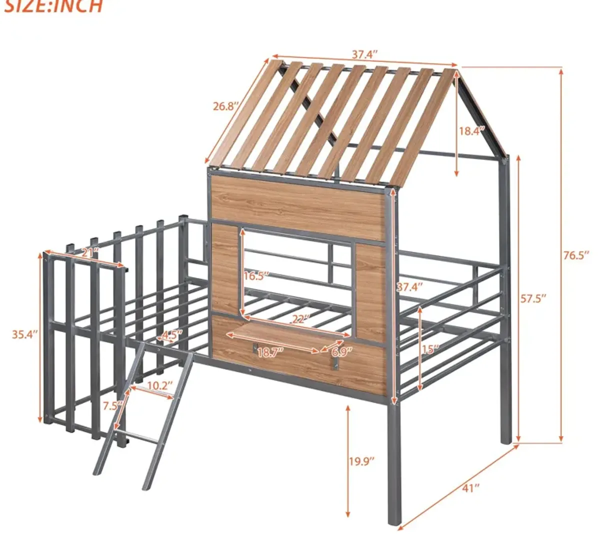 Twin Size Loft Bed With Roof, Window, Guardrail, Ladder