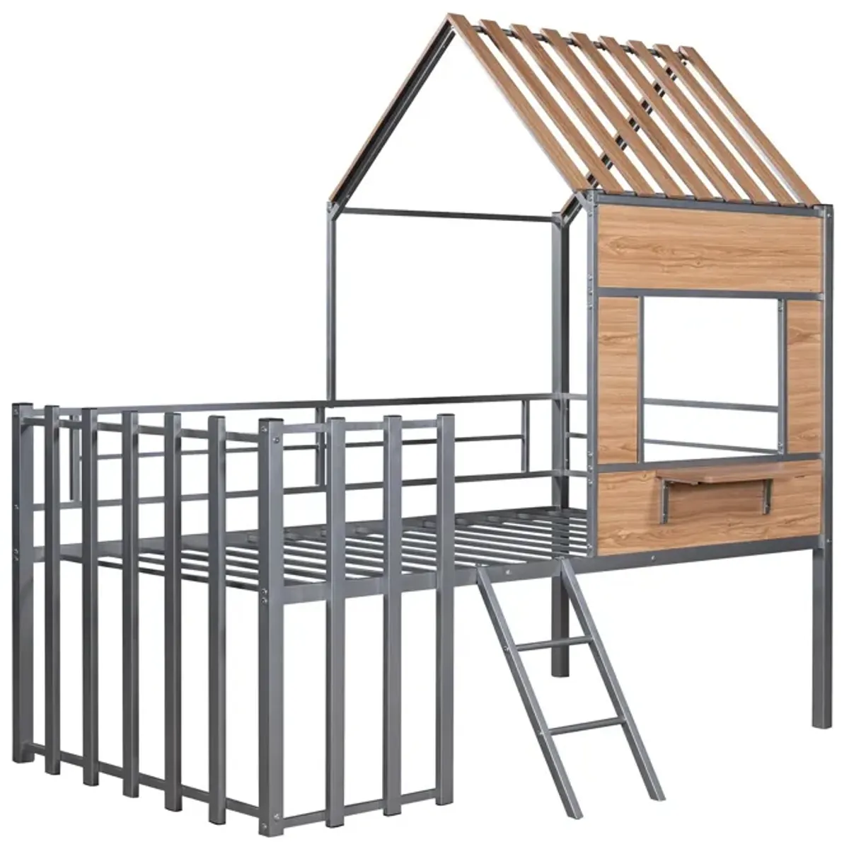 Twin Size Loft Bed With Roof, Window, Guardrail, Ladder