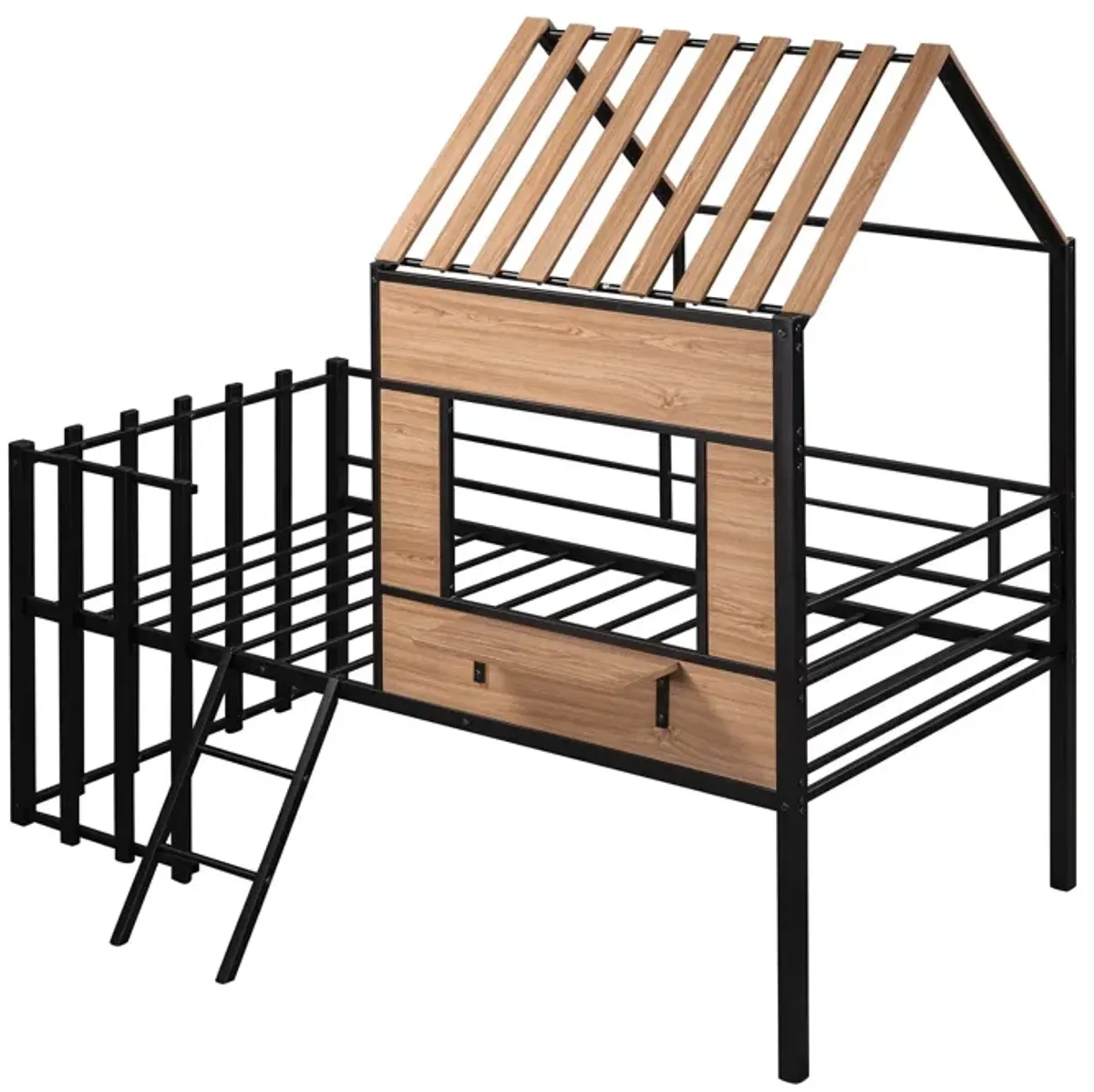 Twin Size Loft Bed With Roof, Window, Guardrail, Ladder