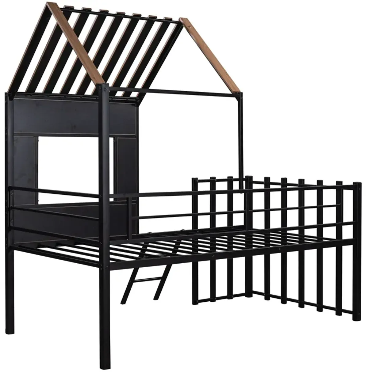 Twin Size Loft Bed With Roof, Window, Guardrail, Ladder