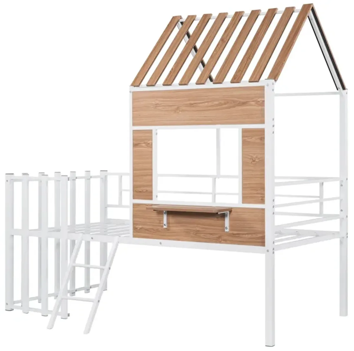 Twin Size Loft Bed With Roof, Window, Guardrail, Ladder