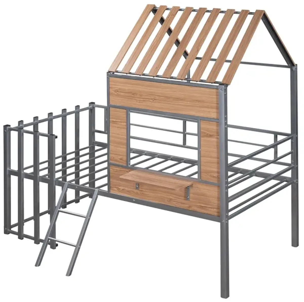 Twin Size Loft Bed With Roof, Window, Guardrail, Ladder