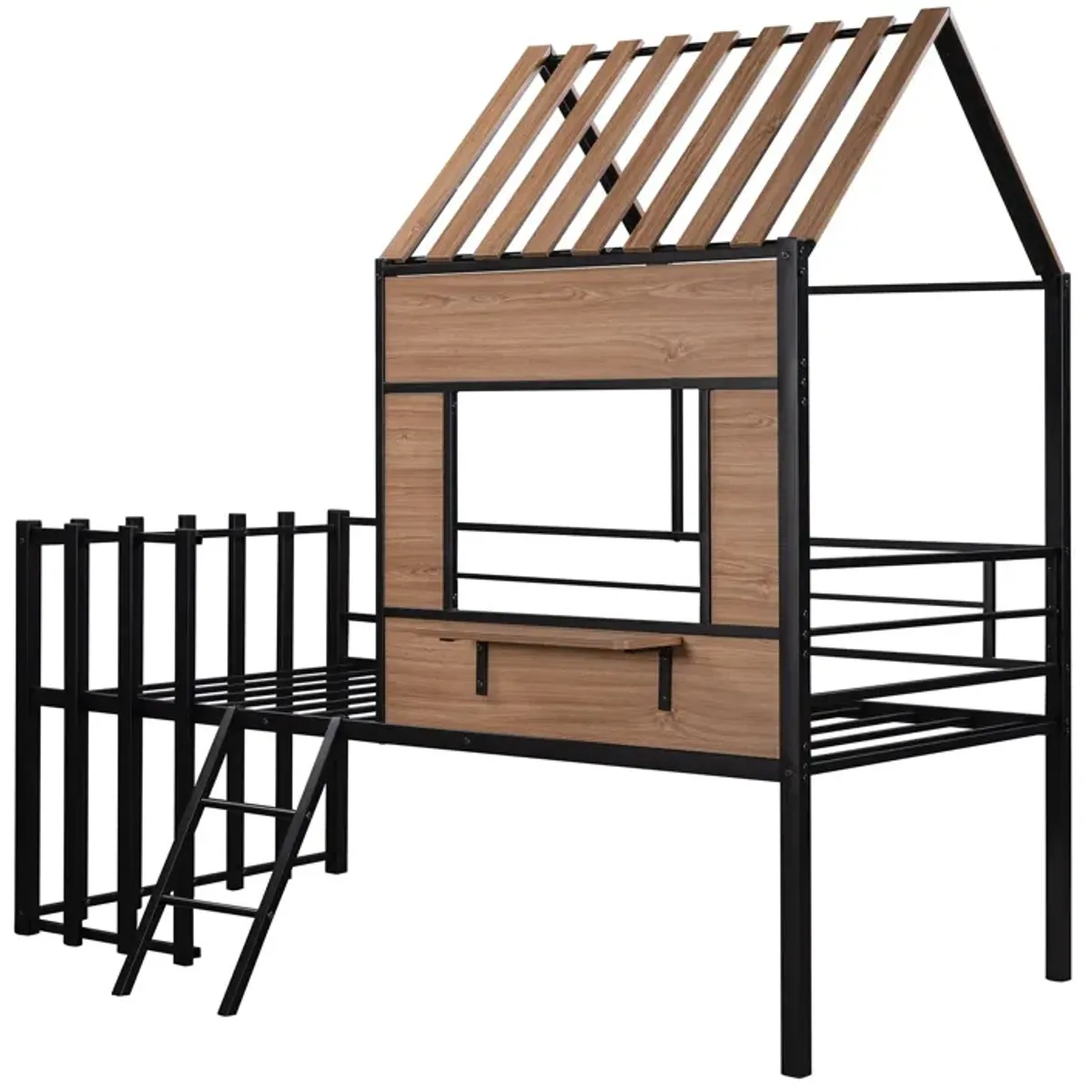 Twin Size Loft Bed With Roof, Window, Guardrail, Ladder